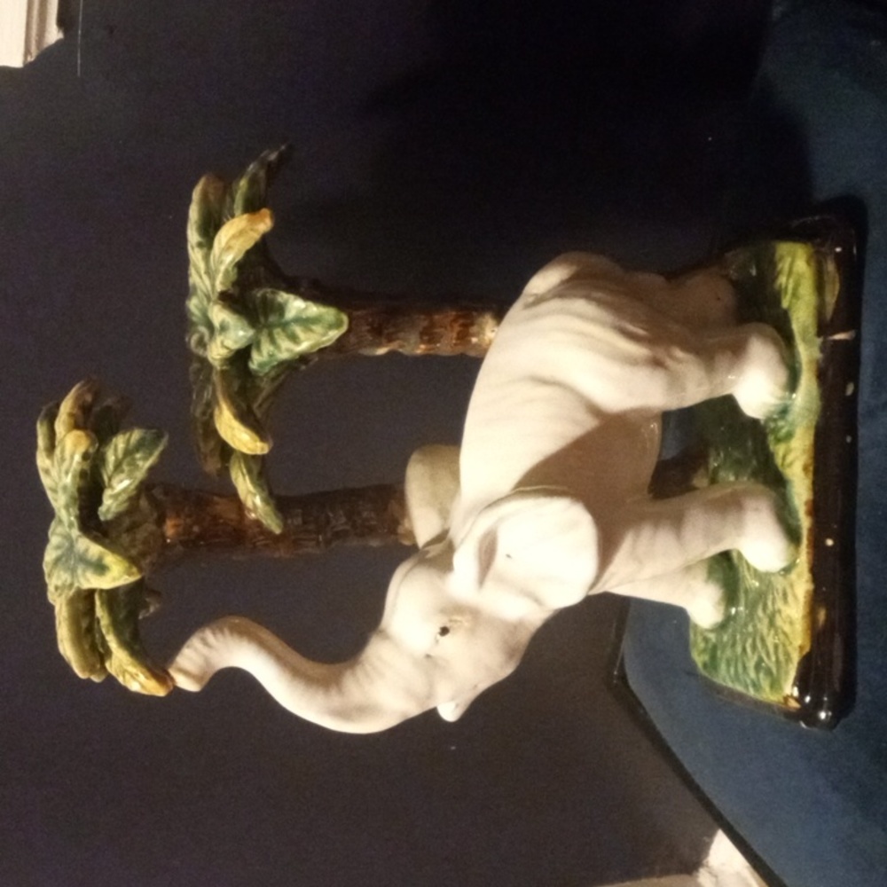 Vintage Majolica Elephant and Palm tree ceramic decor